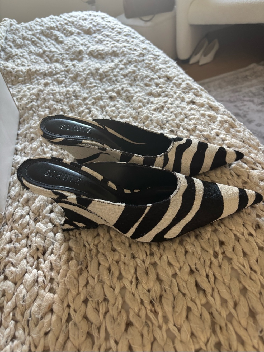 SCHUTZ Black and White Zebra-Print Heeled Pointed Toe Mule - Picture 4 of 8